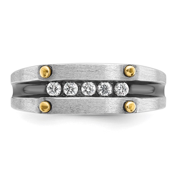 IBGoodman 10k Two-tone with Black Rhodium Men's Polished Satin and Grooved 5-Stone 1/4 Carat A Quality Diamond Ring