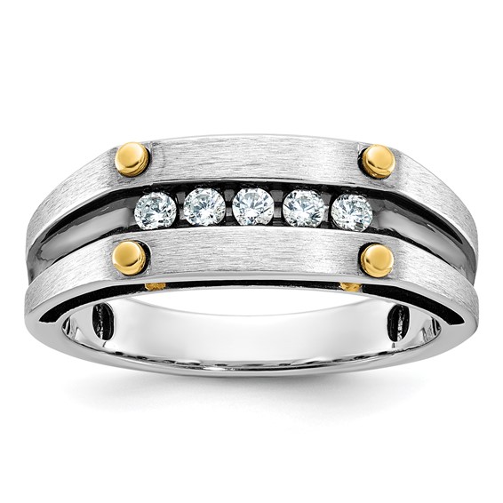 IBGoodman 14k Two-tone with Black Rhodium Men's Polished Satin and Grooved 5-Stone 1/4 Carat A Quality Diamond Ring