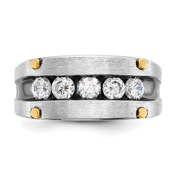 IBGoodman 14k Two-tone with Black Rhodium 1 carat Lab Grown Diamond VS/SI+ G+ Five Stone Complete Polished Satin and Grooved Men's Ring