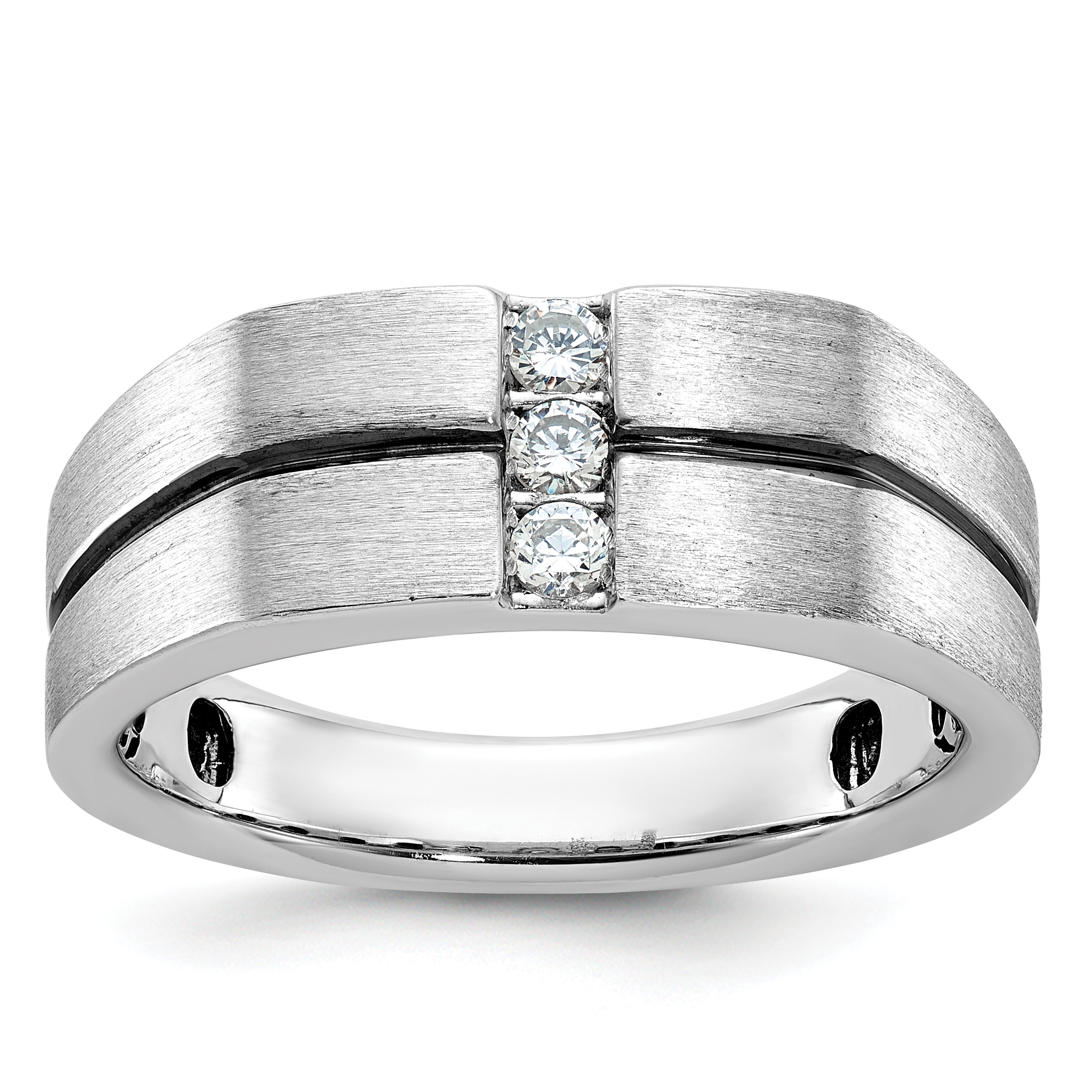 IBGoodman 14k White Gold with Black Rhodium 1/5 carat Lab Grown Diamond VS/SI+ G+ Complete Satin and Grooved Three Stone Men's Ring (B63794-4WLG)