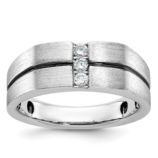 IBGoodman 14k White Gold with Black Rhodium 1/5 carat Lab Grown Diamond VS/SI+ G+ Complete Satin and Grooved Three Stone Men's Ring