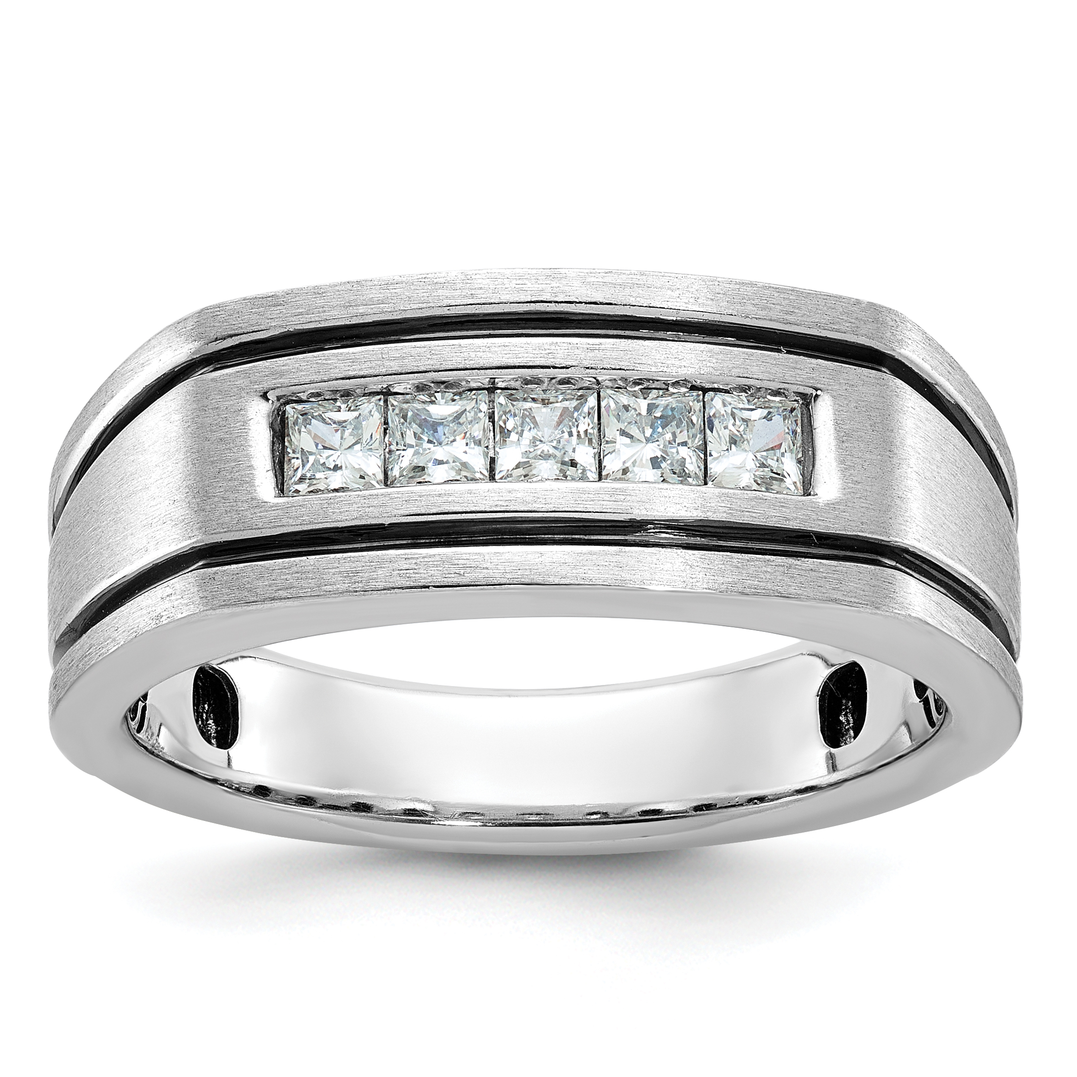 IBGoodman 14k White Gold with Black Rhodium Men's Polished Satin and Grooved Square 5-Stone 1/2 Carat AA Quality Diamond Ring (B63798-4WAA)