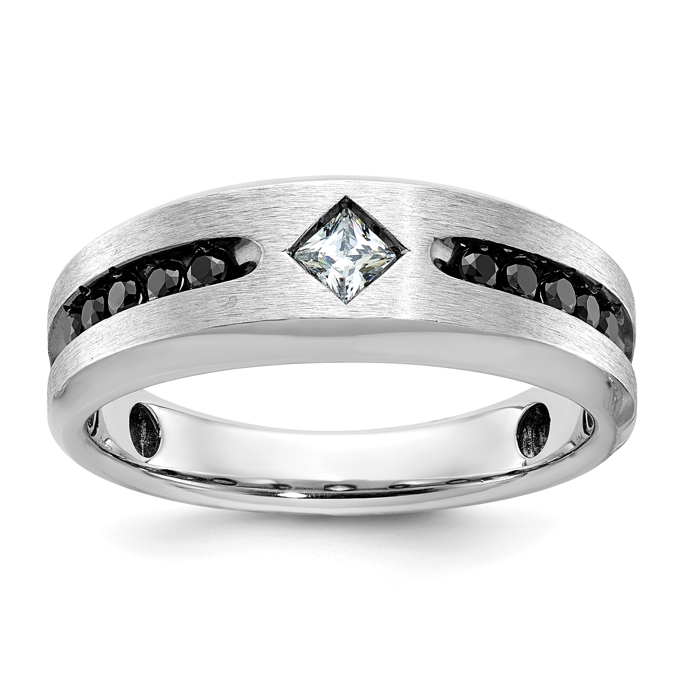 IBGoodman 14k White Gold with Black Rhodium Polished Satin and Grooved 1/2 Carat AA Quality Black and White Diamond Ring (B63817-4WAA)