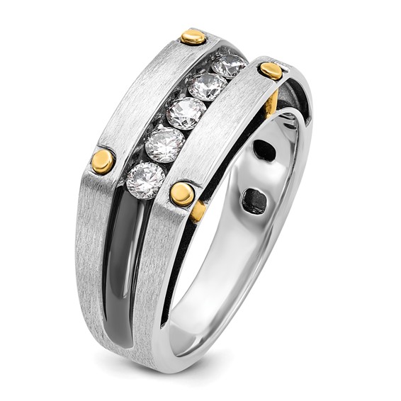 IBGoodman 10k Two-tone with Black Rhodium Men's Polished Satin and Grooved 5-Stone 1/2 Carat A Quality Diamond Ring