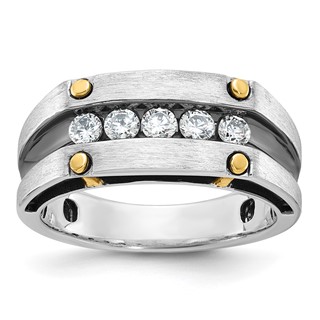 IBGoodman 14k Two-tone with Black Rhodium 1/2 carat Lab Grown Diamond VS/SI+ G+ Five Stone Complete Polished Satin and Grooved Men's Ring