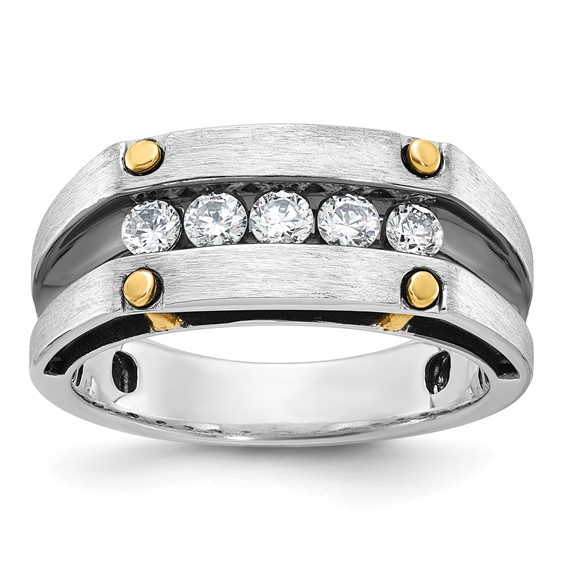 IBGoodman 14k Two-tone with Black Rhodium 1/2 carat Lab Grown Diamond VS/SI+ G+ Five Stone Complete Polished Satin and Grooved Men's Ring