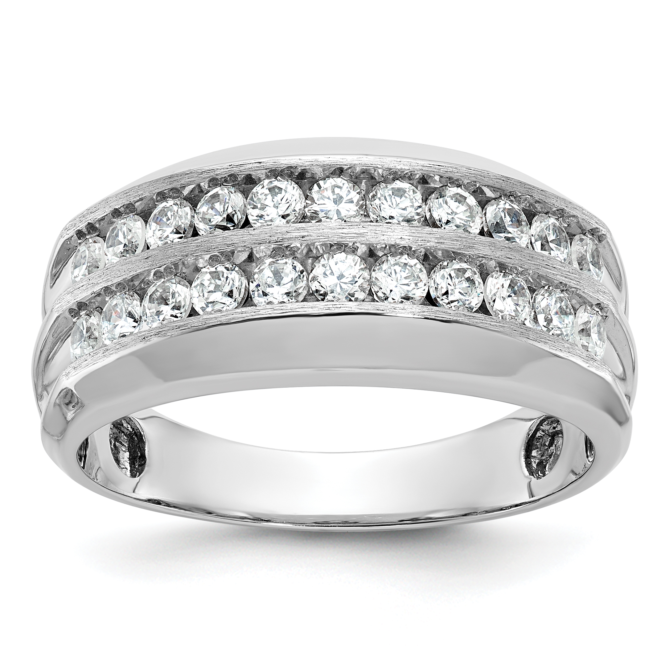 IBGoodman 14k White Gold Men's Polished Satin and Grooved 2-Row 1 Carat AA Quality Diamond Ring (B63863-4WAA)