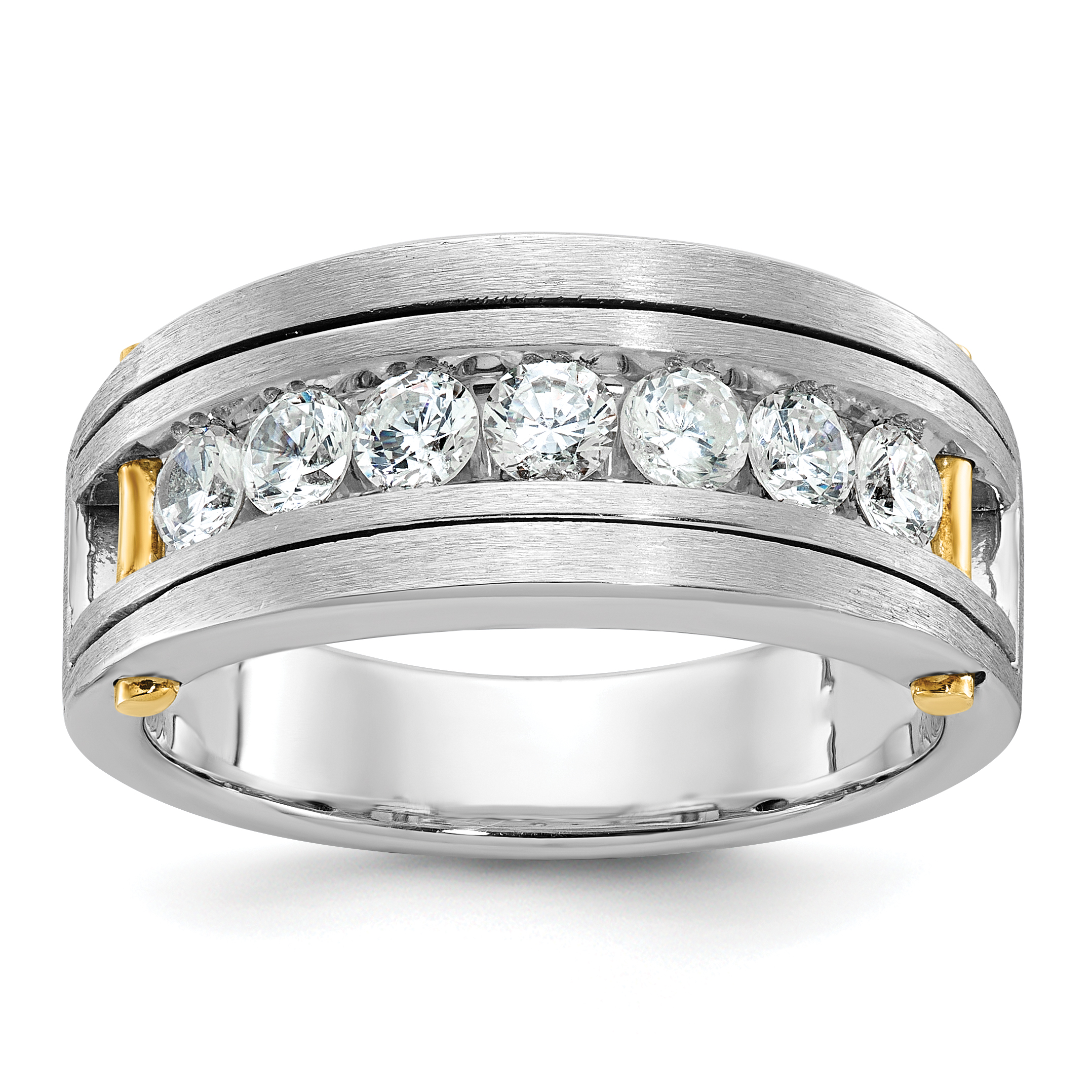 IBGoodman 14k Two-tone Men's Polished Satin and Grooved 7-Stone 1 Carat AA Quality Diamond Ring (B63871-4WYAA)