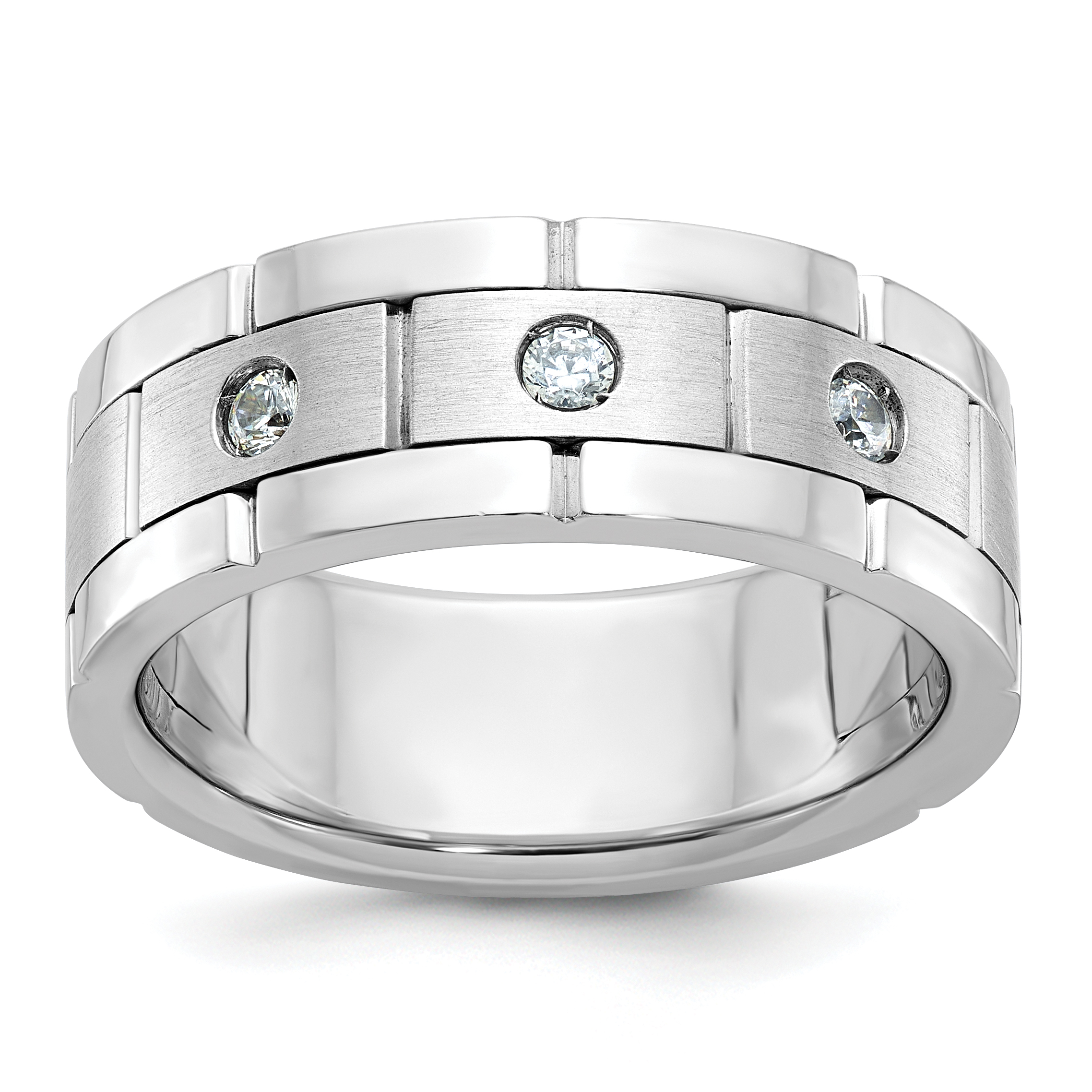 IBGoodman 14k White Gold 1/6 carat Lab Grown Diamond VS/SI+ G+ Complete Three Stone Polished Satin and Grooved Men's Ring (B63898-4WLG)