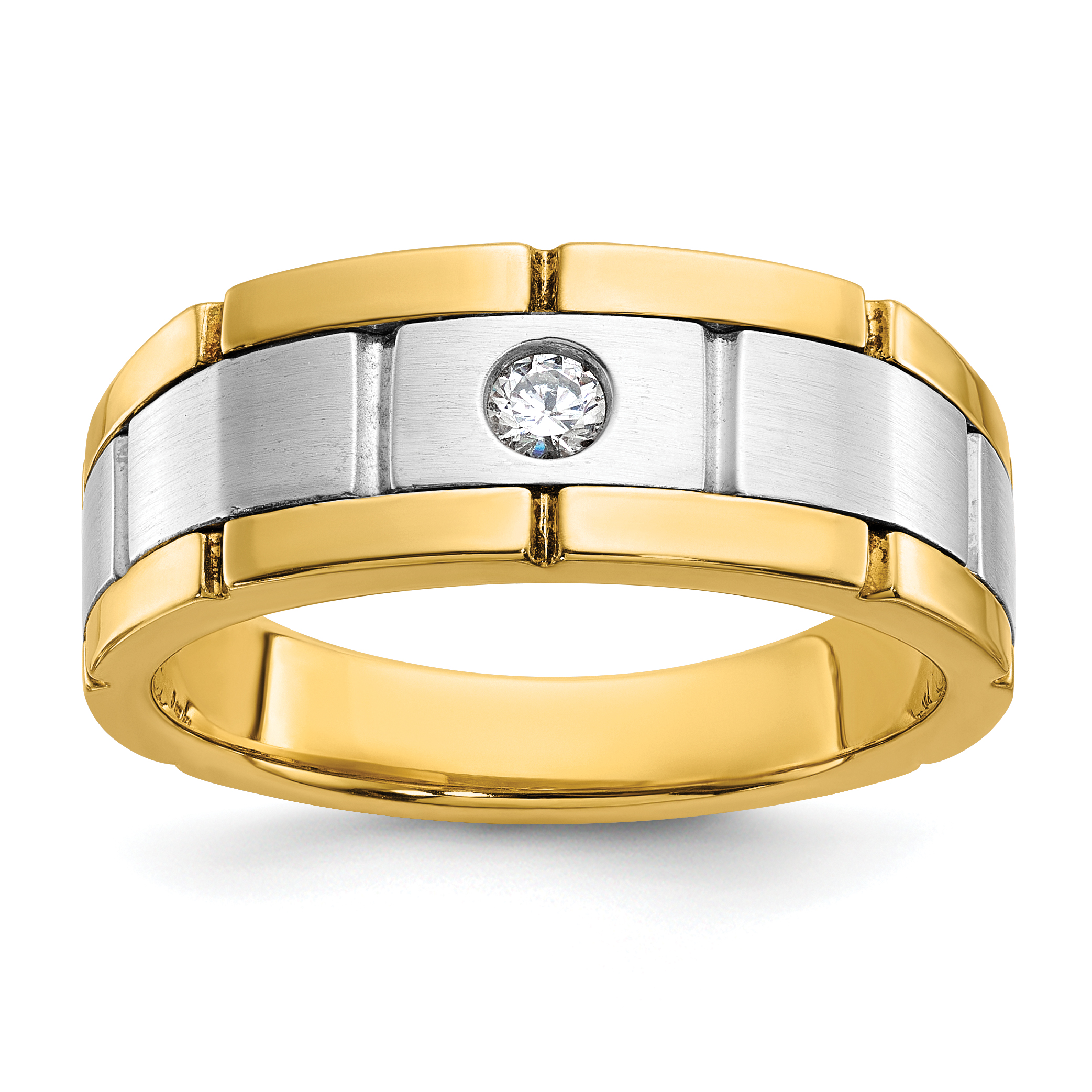 IBGoodman 14k Two-tone Men's Polished Satin and Grooved 1/10 Carat AA Quality Diamond Ring (B63902-4YWAA)