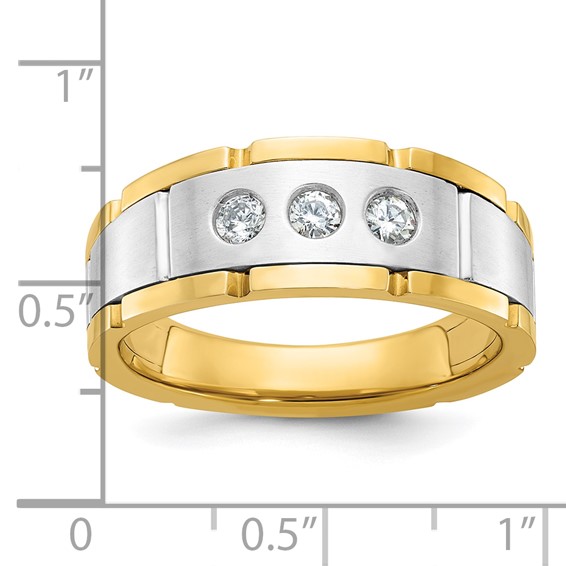 IBGoodman 14k Two-tone Men's Polished Satin and Grooved 3-Stone 1/4 Carat AA Quality Diamond Ring