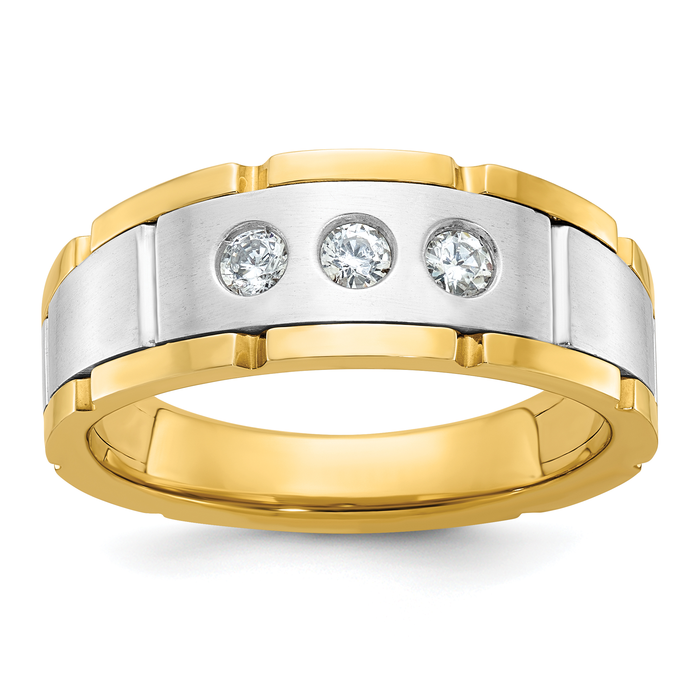 IBGoodman 14k Two-tone Men's Polished Satin and Grooved 3-Stone 1/4 Carat AA Quality Diamond Ring (B63924-4YWAA)