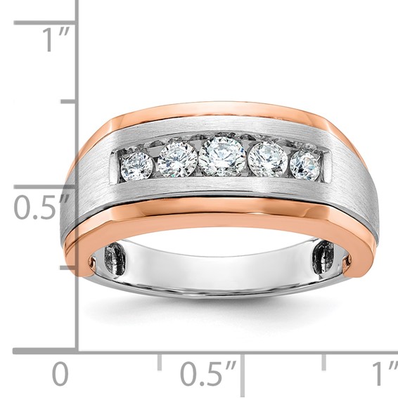 IBGoodman 14k White and Rose Gold Men's Polished Satin and Grooved 5-Stone 1/2 Carat AA Quality Diamond Ring