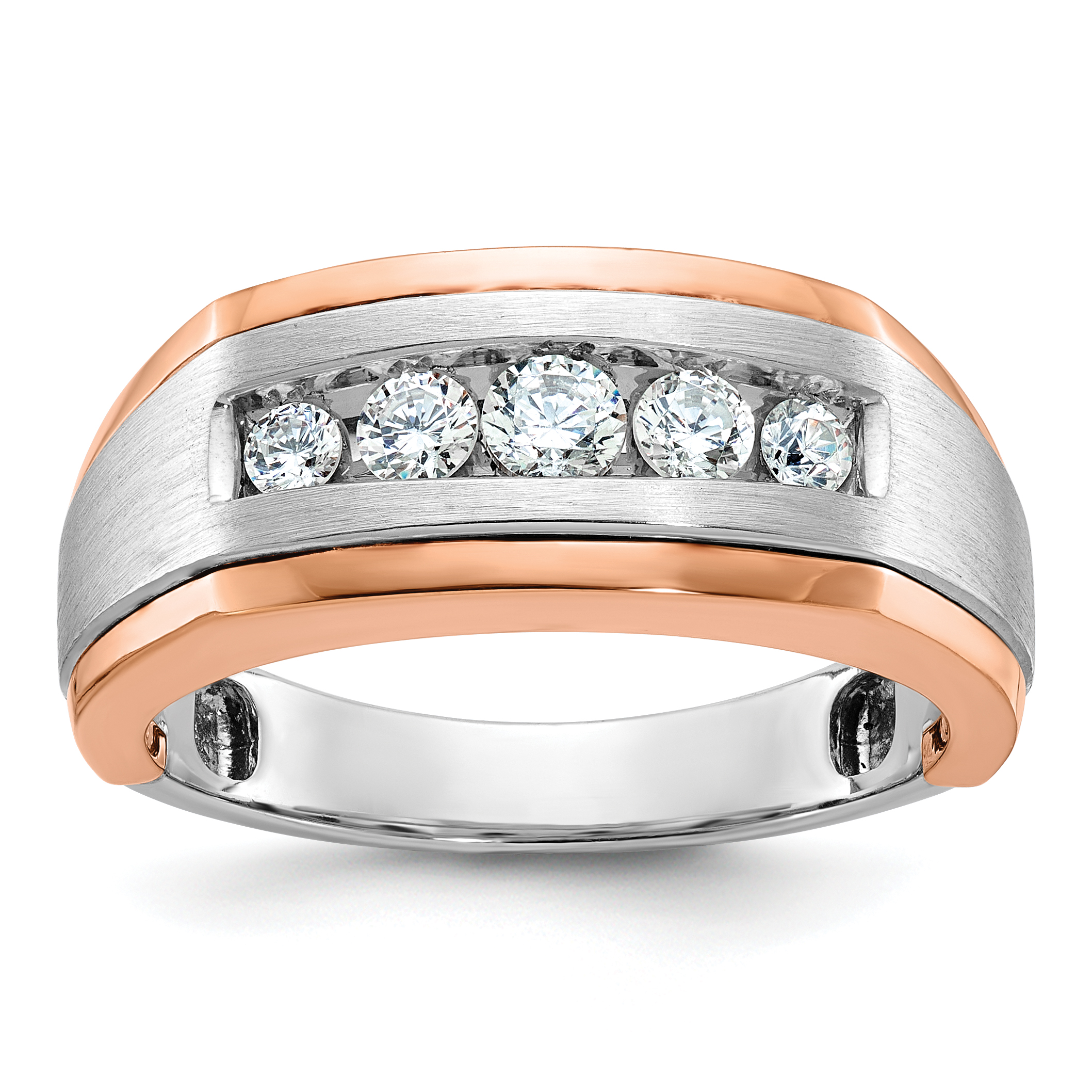IBGoodman 14k White and Rose Gold Men's Polished Satin and Grooved 5-Stone 1/2 Carat AA Quality Diamond Ring (B63991-4WRAA)