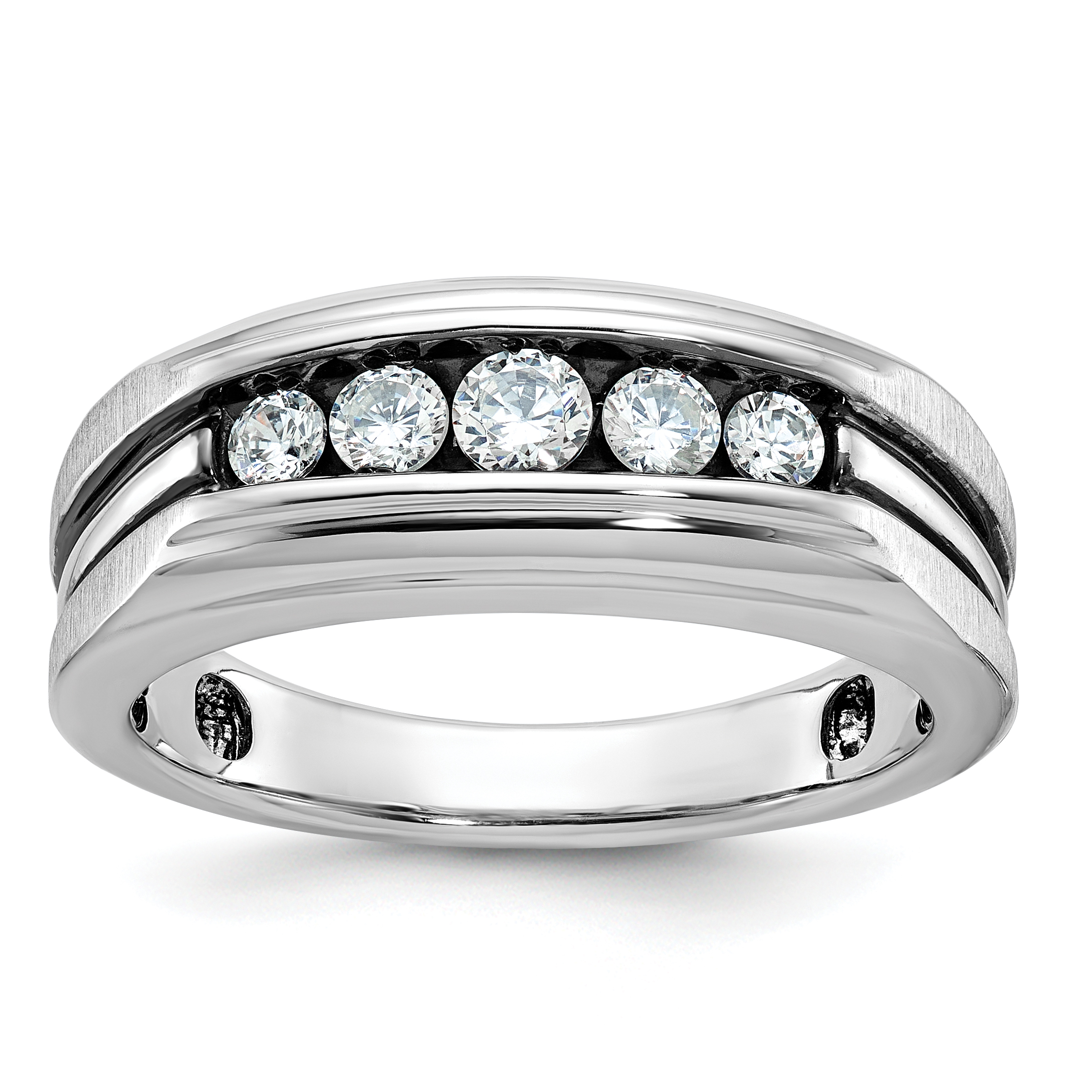 IBGoodman 10k White Gold with Black Rhodium Men's Polished Satin and Grooved 5-Stone 1/2 Carat A Quality Diamond Ring (B63996-0WA)