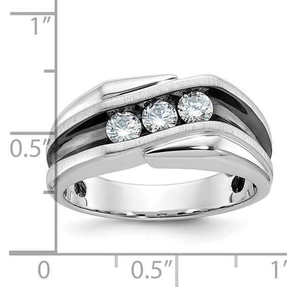 IBGoodman 14k White Gold with Black Rhodium Men's Polished Satin and Grooved 3-Stone 1/2 Carat AA Quality Diamond Ring