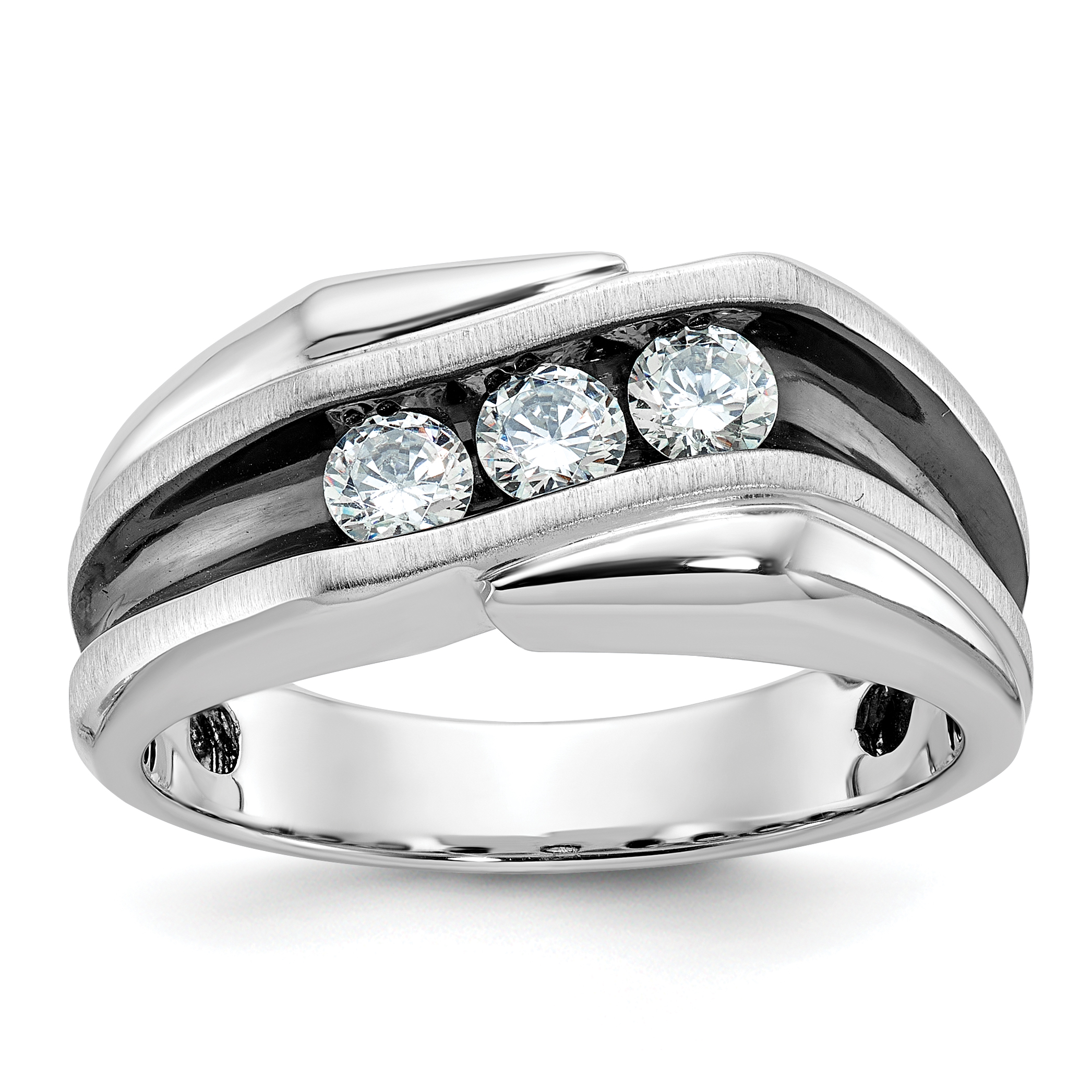 IBGoodman 14k White Gold with Black Rhodium Men's Polished Satin and Grooved 3-Stone 1/2 Carat AA Quality Diamond Ring (B64002-4WAA)
