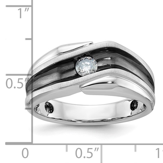 IBGoodman 14k White Gold with Black Rhodium Men's Polished Satin and Grooved Solitaire 1/5 Carat AA Quality Diamond Ring
