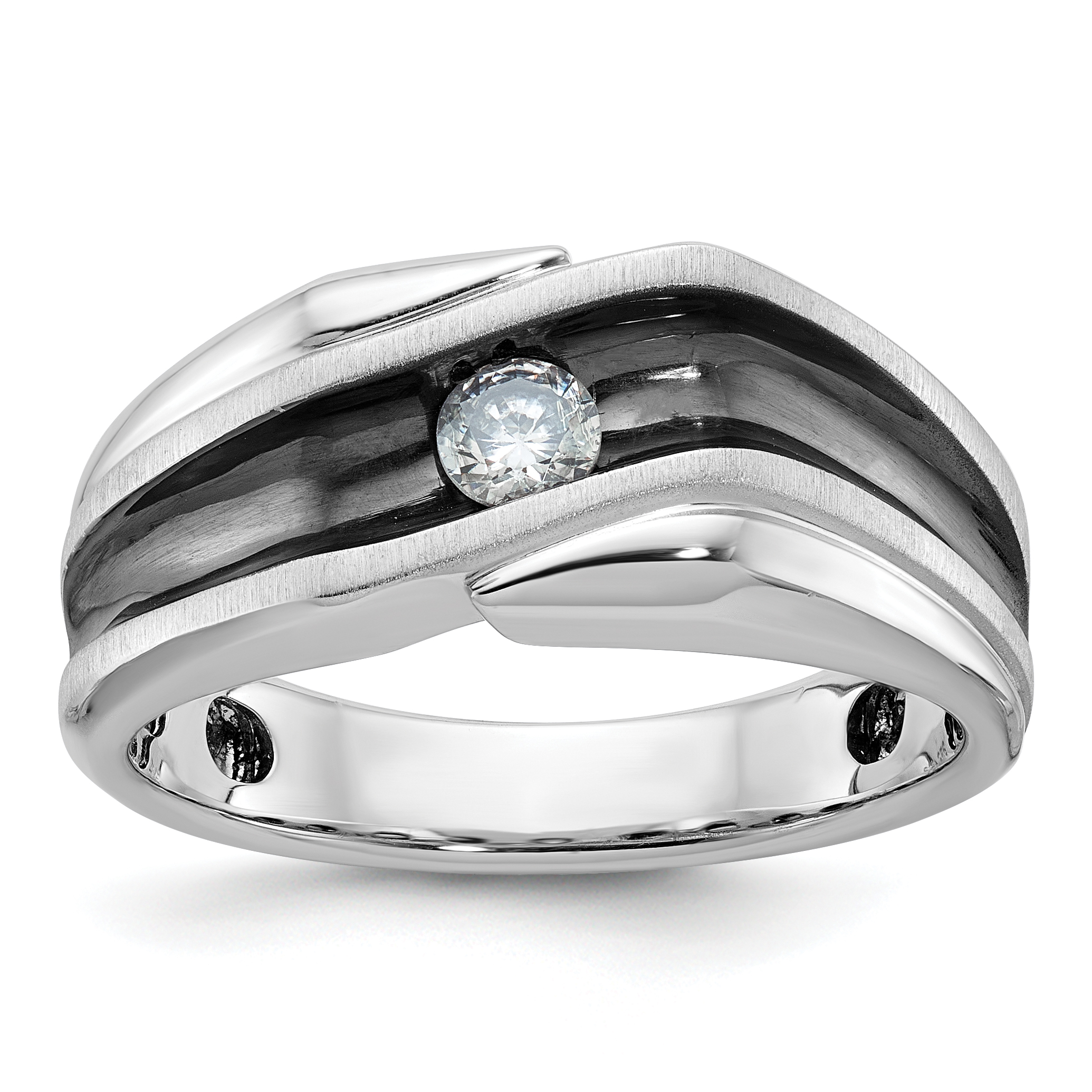 IBGoodman 14k White Gold with Black Rhodium Men's Polished Satin and Grooved Solitaire 1/5 Carat AA Quality Diamond Ring (B64003-4WAA)