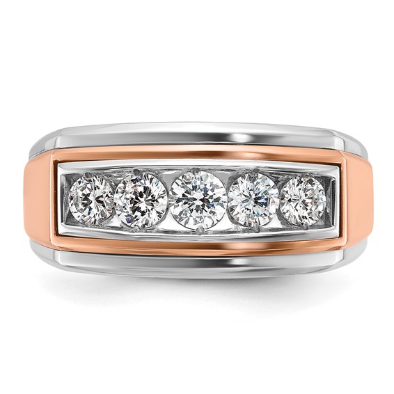 IBGoodman 14k White and Rose Gold Men's Polished and Grooved 5-Stone 1 Carat BB Quality Diamond Ring