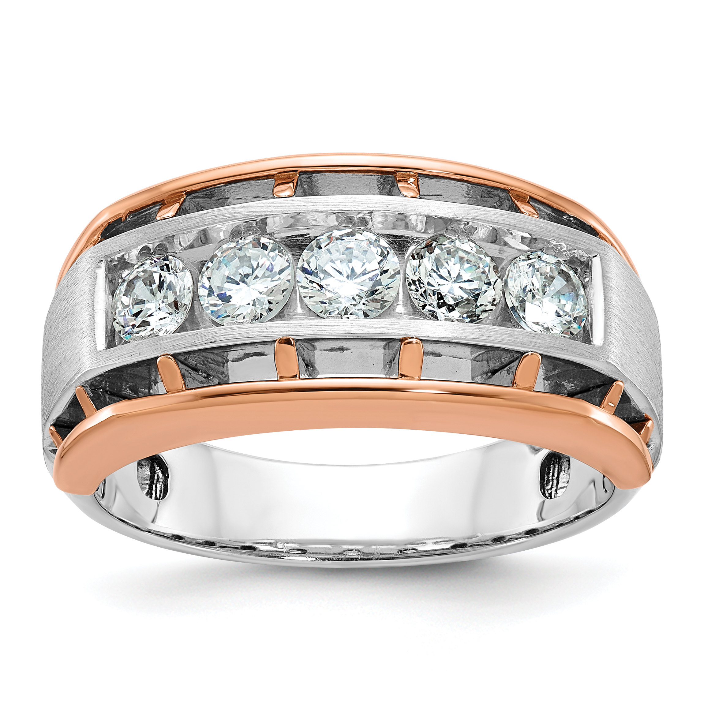 IBGoodman 10k White and Rose Gold Men's Polished Satin and Cut-Out 5-Stone 1 Carat A Quality Diamond Ring (B64045-0WRA)