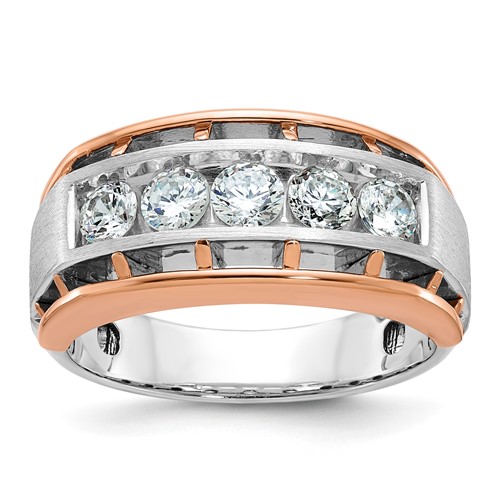 IBGoodman 14K Two Tone Rose and White Gold 1 Carat Lab Grown Diamond VS SI+ G+ Complete Satin Five Stone Cut Out Men's Ring