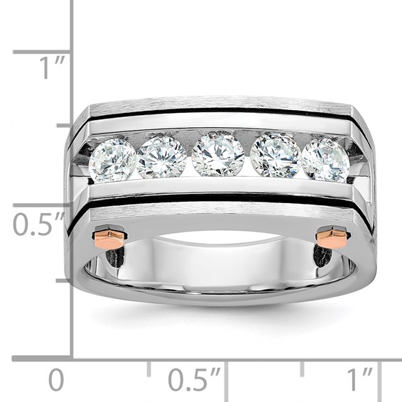 IBGoodman 14k White and Rose Gold with Black Rhodium Men's Polished Satin and Grooved 5-Stone 1 Carat AA Quality Diamond Ring