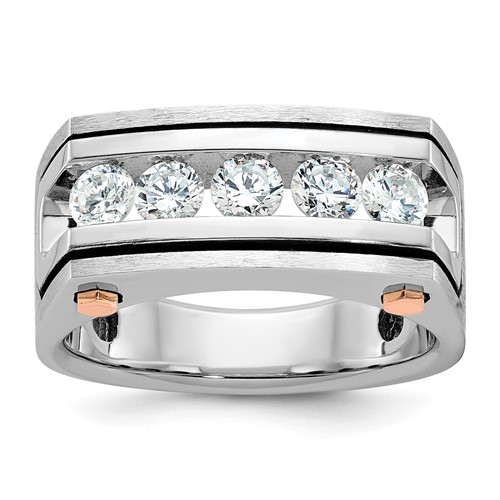 IBGoodman 14K Two Tone Rose and White Gold Ring with Black Rhodium 1 Carat Lab Grown Diamond VS SI+ G+ Five Stone Complete Polished Satin and Grooved Men's