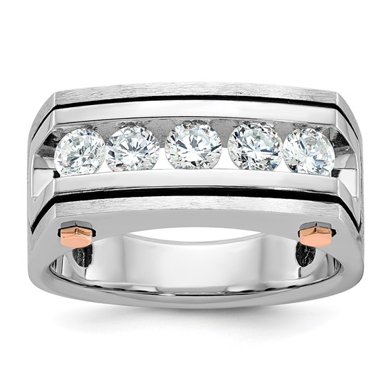 IBGoodman 14k White and Rose Gold with Black Rhodium Men's Polished Satin and Grooved 5-Stone 1 Carat AA Quality Diamond Ring