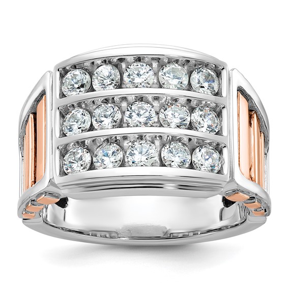 IBGoodman 14k Two Tone Rose and White Gold 1 5/8 carat Lab Grown Diamond VS/SI+ G+ Complete Three-Row Cut-Out Men's Ring