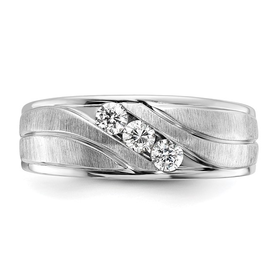 IBGoodman 14k White Gold Men's Polished Satin and Grooved 3-Stone 1/3 Carat AA Quality Diamond Ring
