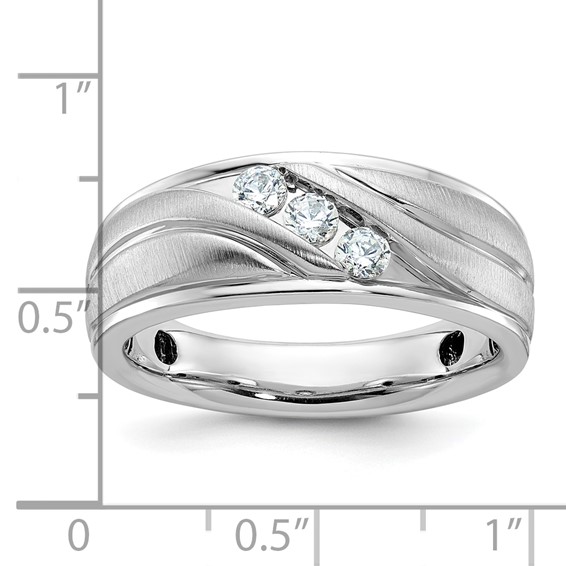 IBGoodman 14k White Gold Men's Polished Satin and Grooved 3-Stone 1/3 Carat AA Quality Diamond Ring