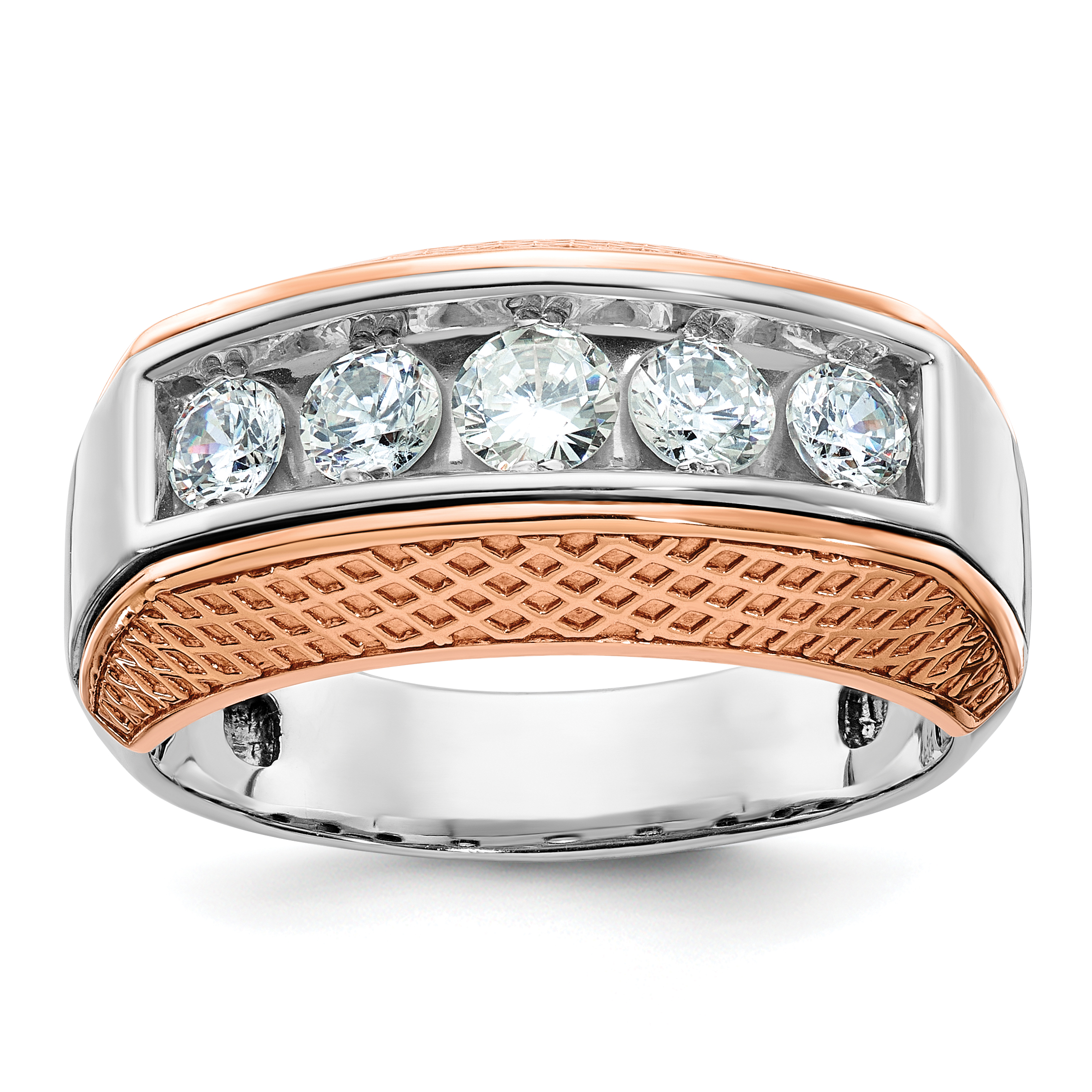 IBGoodman 14k White and Rose Gold Men's Polished and Textured 5-Stone 1 Carat AA Quality Diamond Ring (B64072-4WRAA)