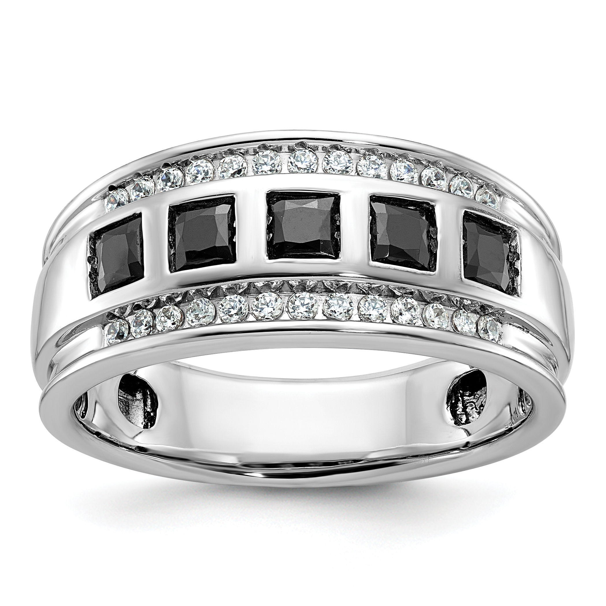 IBGoodman 14k White Gold Men's Polished and Grooved Square Black and White 1 1/5 Carat AA Quality Diamond 5-Stone Ring (B64084A-4WAA)