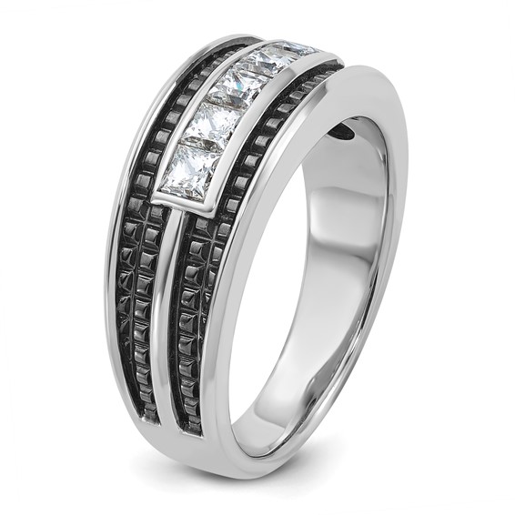 IBGoodman 14k White Gold with Black Rhodium Men's Polished and Textured Square 5-Stone 3/4 Carat AA Quality Diamond Ring