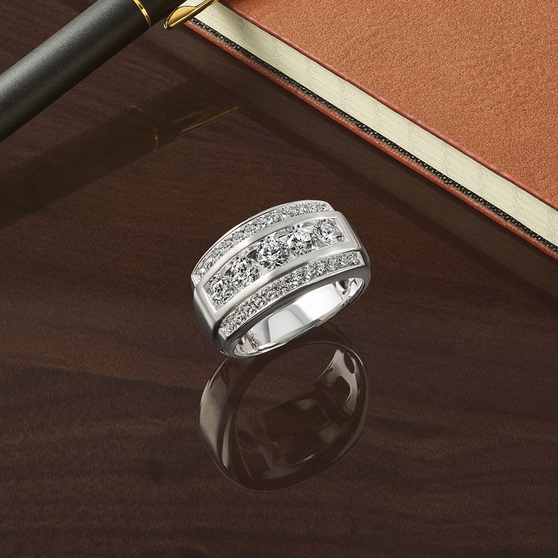IBGoodman 14k White Gold 1 7/8 carat Lab Grown Diamond VS/SI+ G+ Complete Polished and Satin Three Row Men's Ring