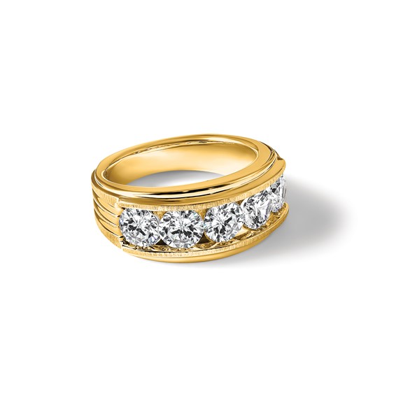 True Origin IBGoodman 14k 3 1/2 carat Lab Grown Diamond VS+ F+ Five Stone Complete Polished Brushed and Grooved Men's Ring