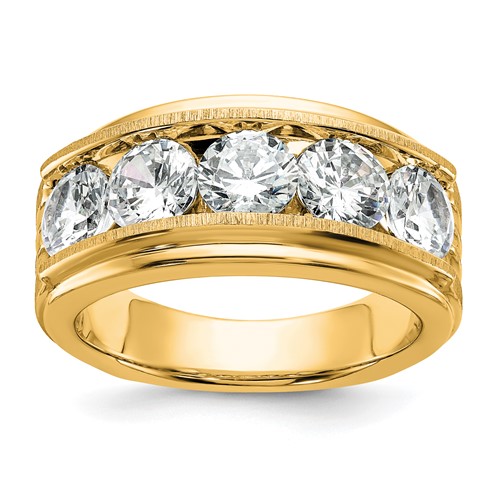True Origin IBGoodman 14K Yellow Gold 3.50 Carat Lab Grown Diamond VS+ F+ Five Stone Complete Polished Brushed and Grooved Men's Ring