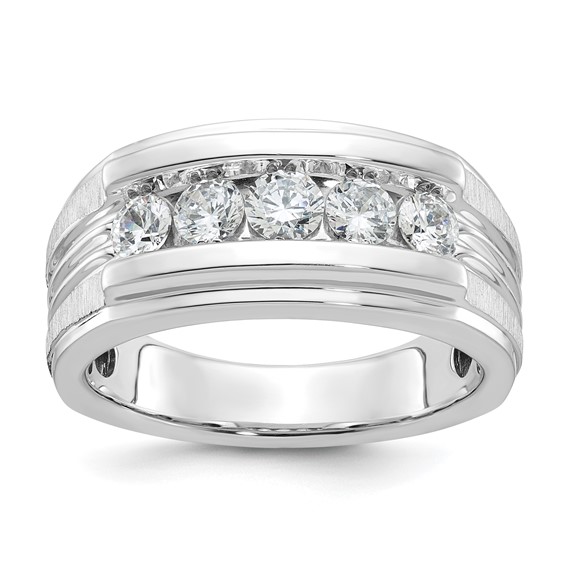 IBGoodman 14k White Gold Men's Polished Brushed and Grooved 5-Stone 1 Carat A Quality Diamond Ring