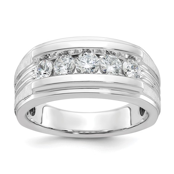 IBGoodman 14k White Gold Men's Polished Brushed and Grooved 5-Stone 1 Carat AA Quality Diamond Ring