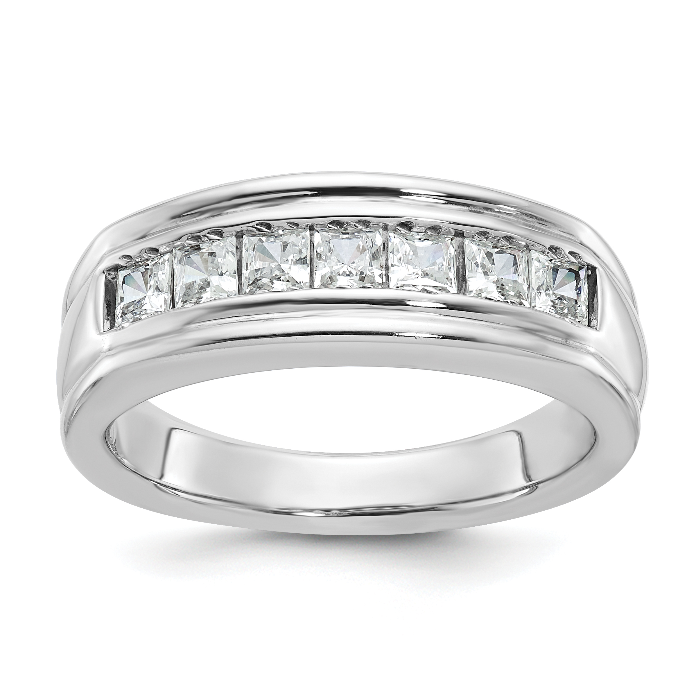 IBGoodman 14k White Gold Men's Polished and Grooved 7-Stone Square 1 Carat AA Quality Diamond Ring (B64180-4WAA)