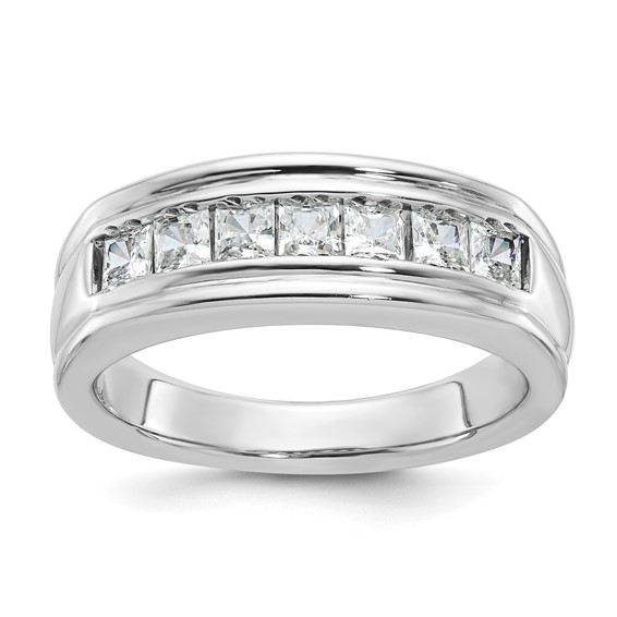 IBGoodman 14k White Gold Men's Polished and Grooved 7-Stone Square 1 Carat AA Quality Diamond Ring