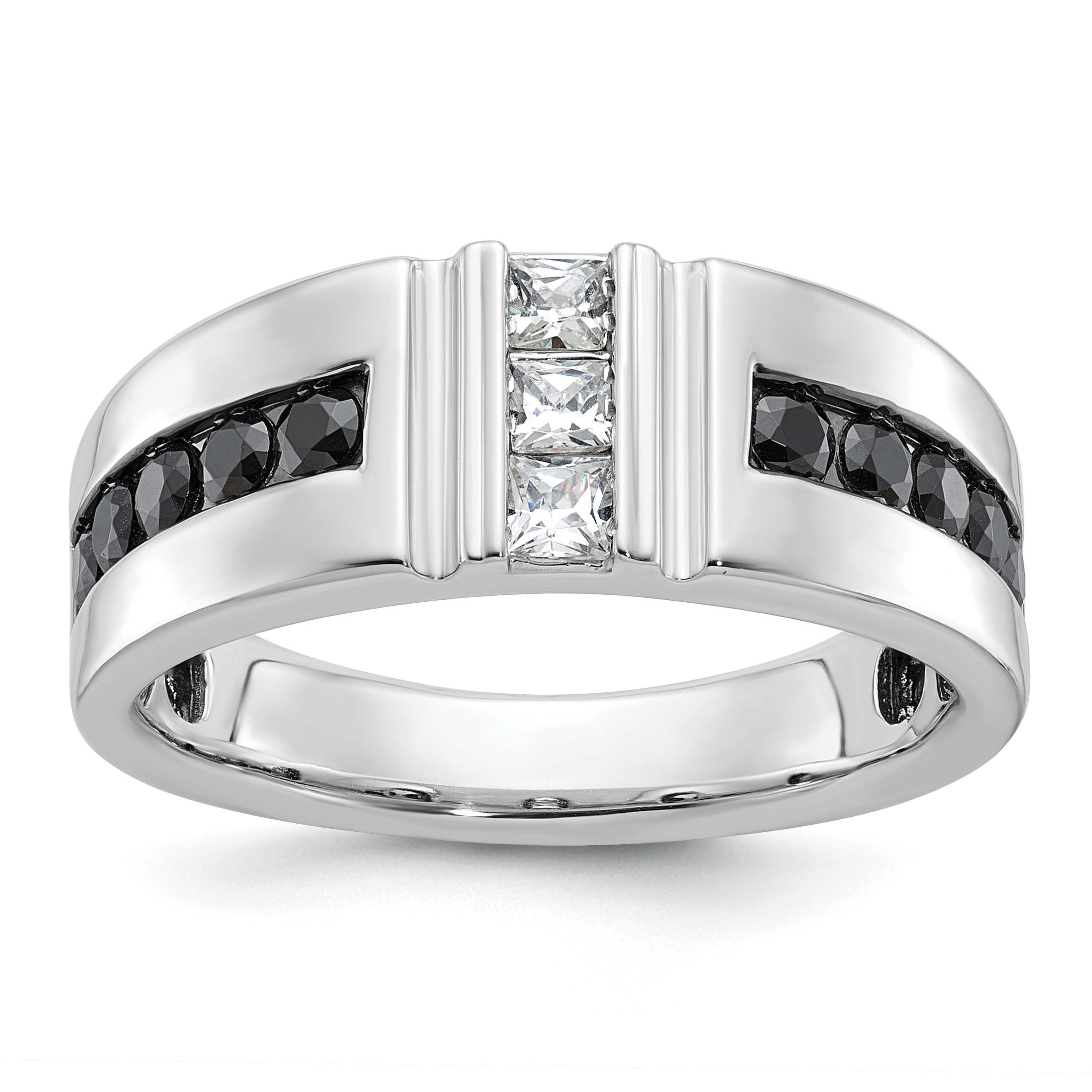 IBGoodman 10k White Gold Men's Polished and Grooved Black and White 1 Carat A Quality Diamond Ring (B64186-0WA)