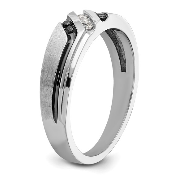 IBGoodman 14k White Gold 1/8 carat Lab Grown Diamond VS/SI+ G+ and 1/8 carat Black Mined Diamonds Complete Polished Satin and Grooved Men's Ring