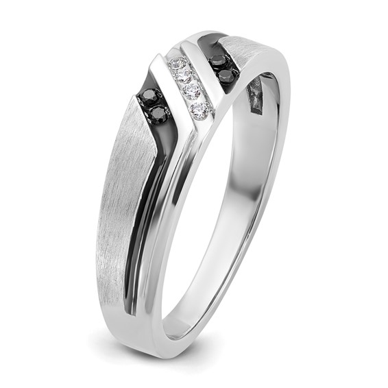 IBGoodman 14k White Gold 1/8 carat Lab Grown Diamond VS/SI+ G+ and 1/8 carat Black Mined Diamonds Complete Polished Satin and Grooved Men's Ring