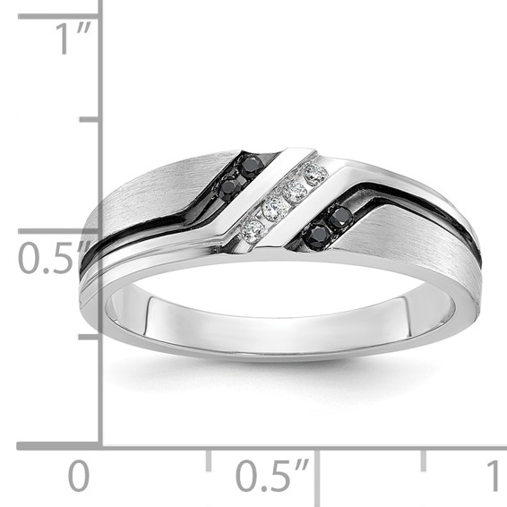 IBGoodman 14k White Gold with Black Rhodium Men's Polished Satin and Grooved 1/8 Carat AA Quality Black and White Diamond Ring