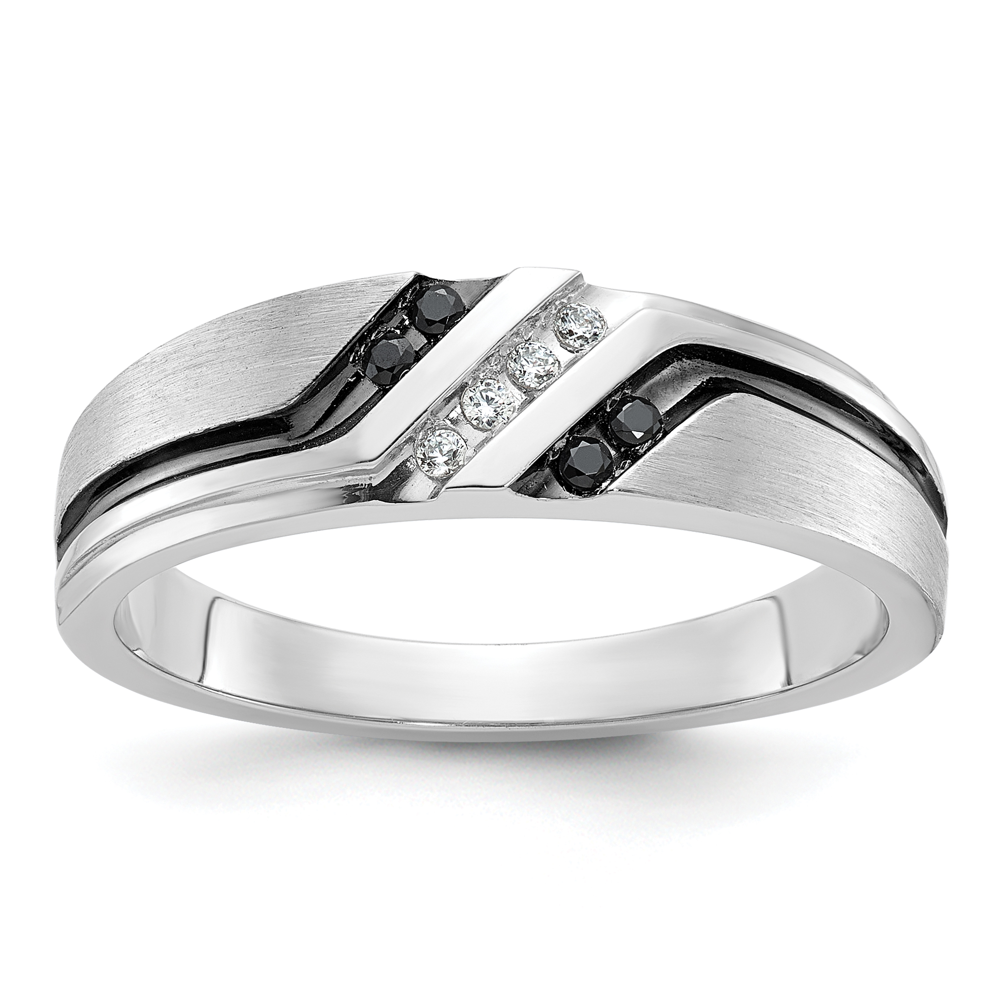 IBGoodman 14k White Gold 1/8 carat Lab Grown Diamond VS/SI+ G+ and 1/8 carat Black Mined Diamonds Complete Polished Satin and Grooved Men's Ring (B64195-4WLG)