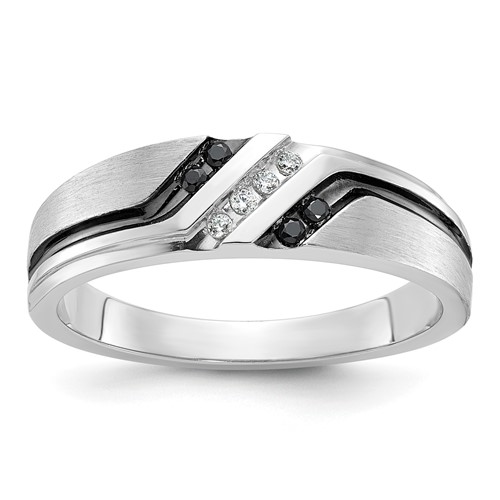 IBGoodman 14K White Gold 0.12 Carat Lab Grown Diamond VS SI+ G+ and 0.12 Carat Black Mined Diamonds Complete Polished Satin and Grooved Men's Ring