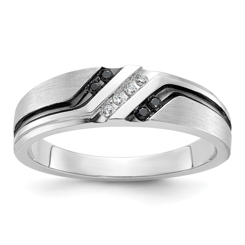 IBGoodman 14k White Gold 1/8 carat Lab Grown Diamond VS/SI+ G+ and 1/8 carat Black Mined Diamonds Complete Polished Satin and Grooved Men's Ring