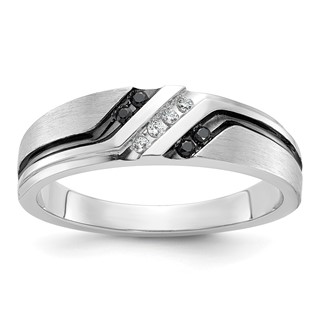 IBGoodman 14k White Gold with Black Rhodium Men's Polished Satin and Grooved 1/8 Carat AA Quality Black and White Diamond Ring